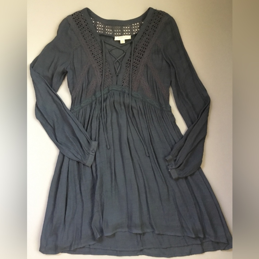 Moon & Sky Boho Lace-Detail Long Sleeve Dress - Slate Blue